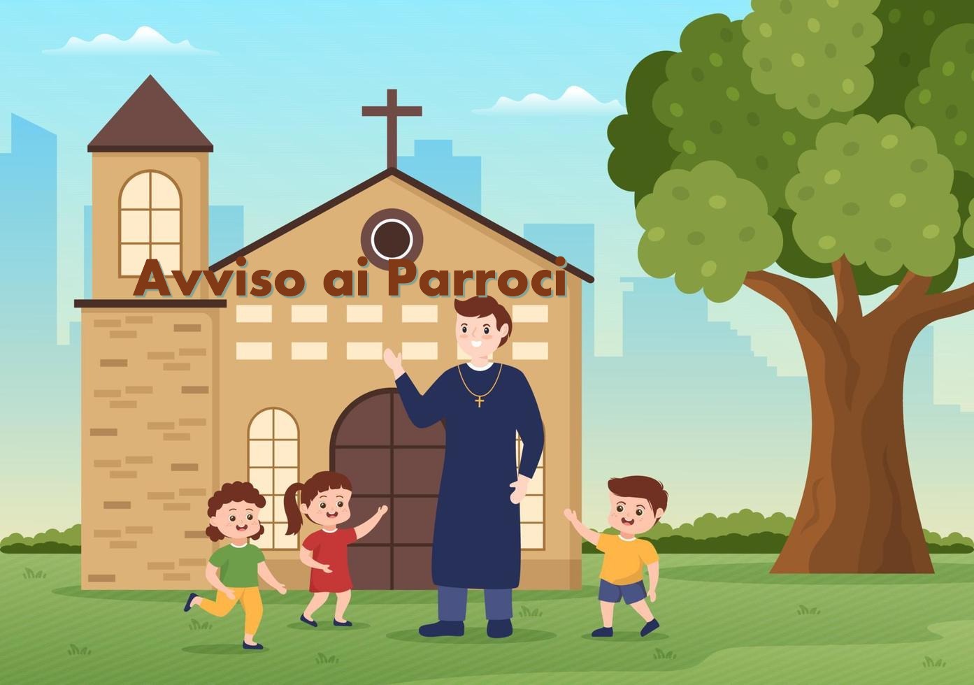14385393 Pastore E Giocando Con Alcuni Bambini Nel Davanti Di Il Interno Cattolico Chiesa Nel Piatto Cartone Animato Mano Disegnato Modello Illustrazione Vettoriale